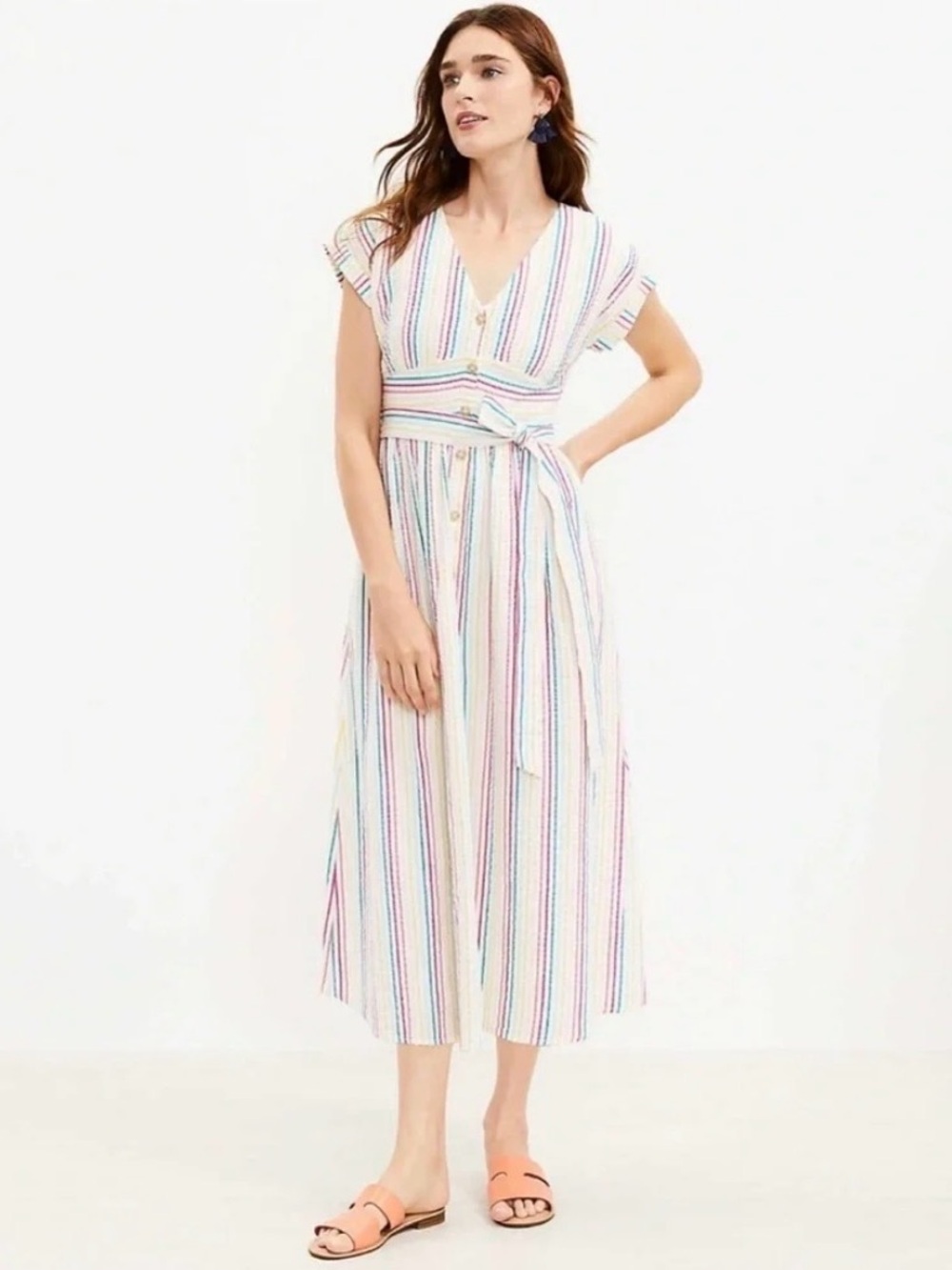 LOFT Button Down Tie Waist Rainbow Striped Midi Dress size 00P - Picture 4 of 5